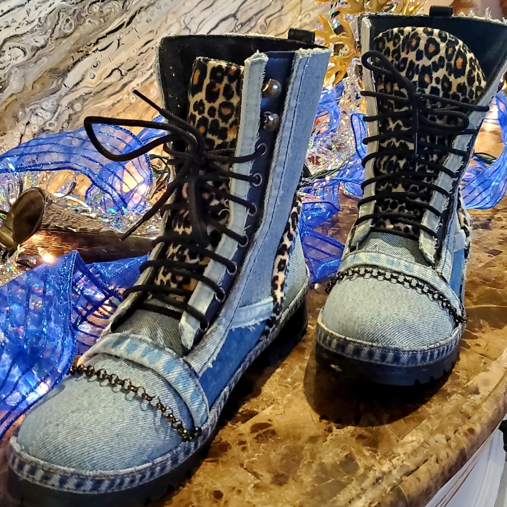 Blue jean/leopard combat boots
